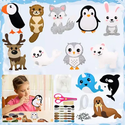 Productafbeelding van 12-delige naaiset voor kinderen, dieren thema. Naaiset voor knutselen, met afbeeldingen van poolberen