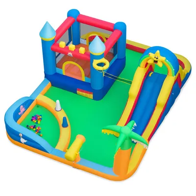 Image de COSTWAY Château gonflable pour enfants, parc aquatique avec toboggan, mur d'escalade, zone de saut, piscine à balles, jeu de lancer d'anneaux, canon à eau, foot-basket et volley-ball