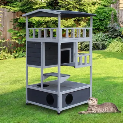 Productafbeelding van Houten Kattenhuis - Kattenhuisje - Kattencondo - Kattenverblijf - Kattenhok