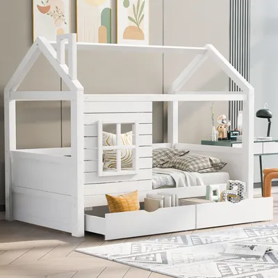 Produktbild von okwish Kinderbett Hausbett 90x200cm mit Lattenrost, Holzbett Massivholzbett Jugendbett mit Rausfallschutz Fenster, Weiß(Ohne Matratze)- Weiß