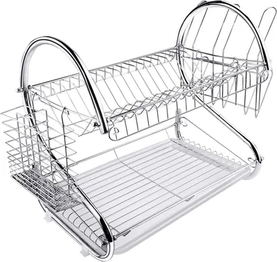 Image de Étagère égouttoir de 42 cm, avec 2 niveaux, en acier inoxydable, avec bac de récupération des gouttes, pour organisateur de cuisine