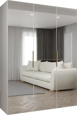 A reflection of a living room with a white sofa and curtains in a mirrored wardrobe.