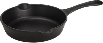 A black cast iron skillet is shown on a white background.