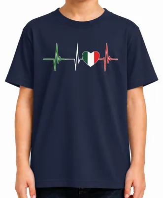 Immagine prodotto di Maglietta per bambini, blu scuro, con motivo del cuore, elettrocardiogramma, bandiera italiana e scritta "Tifoso". Taglia 128
