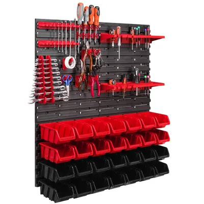 Produktbild von 28 Stapelboxen Werkzeughalter Wandregal Werkstattregal Werkzeugwand 78x78cm Werkzeughalter Lagersystem Schüttenregal Sichtlagerkästen Extra Starke Wandplatten Regal Erweiterbar Werkstattregal Lagerre