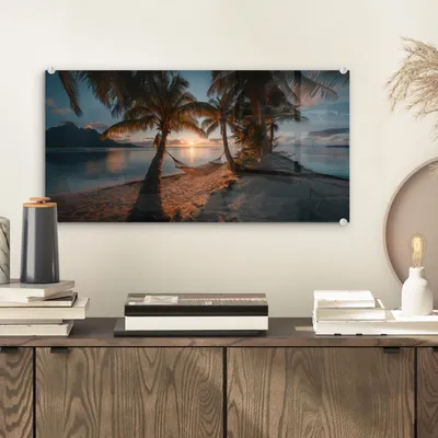 Produktbild von MuchoWow Glasbilder - Bilder auf Wandbild - Foto auf Glas Palmen - Hängematte - Strand - Sonnenuntergang 40x20 cm Wanddekoration aus Glas - Acrylglasbild - Acrylbilder - Modern - Wandgemälde auf Glas