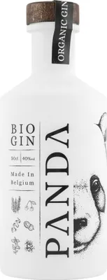 A white bottle of Panda Organic Gin with a black label and a drawing of a panda's face.