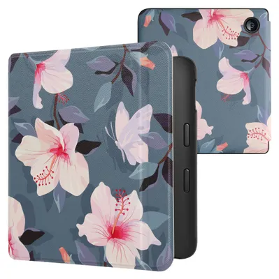 Produktbild von kwmobile Schutzhülle für Kobo Libra 2 Hülle - eReader Flip Case mit Auto Sleep Funktion - Weiß-Rosa Fuchsien-Blüten mit Weiß Rosa Violett