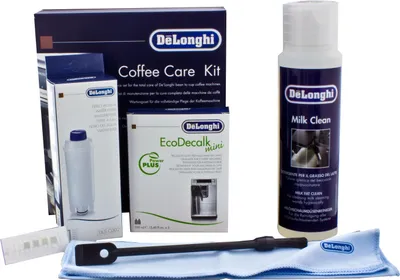 A collection of DeLonghi coffee machine cleaning products.