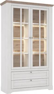 Produktbild von Furniture24 Vitrine Iloppa Schrank Vitrinenschrank 2 Türiger 2 Schubladen Wohnzimmerschrank Schneeiche
