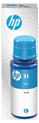 Obrázok produktu pre HP 70 ml azúrová originálna atramentová náplň Ink Bottle 31, Originál, Azúrová, HP, HP Ink Tank 310, HP Ink Tank Wireless 410, HP Smart Tank 350, HP Smart Tank Wireless 450, HP Smart..., 9100 strany, Štandardná výťažnosť