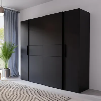 Produktbild von Forte KALIXTUS schwarzer Kleiderschrank 200, moderner Schwebetürenschrank, 4-türig, Holzwerkstoff, Schwarz Matt,  200,1 cm breit x 190,5 cm hoch, 61,2 cm tief
