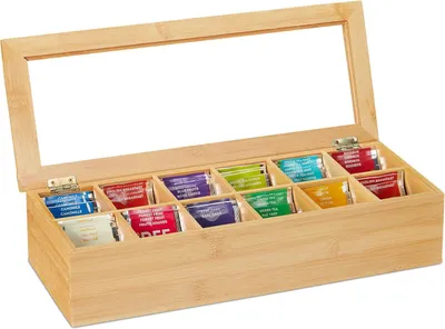 Zdjęcie produktu dla Theedoos bambusowy - 12 przegródek - Skrzynka na herbatę z przezroczystą pokrywką - Organizer na torebki herbaty - Wymiary: 9x41x16 cm - Naturalny