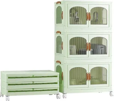 Productafbeelding van Opbergdozen, opbergdoos met deksel, 3 x 58 liter, opbergdozen, opvouwbare kunststof box, stapelkisten, opbergdozen met deuren en wielen, doorzichtig