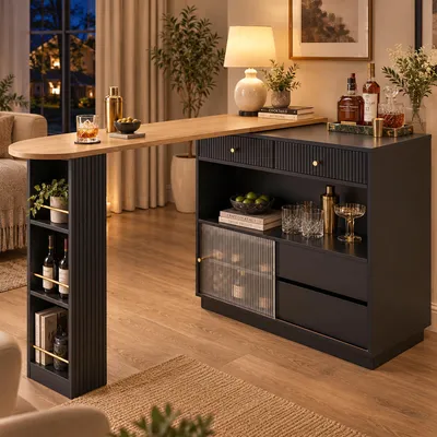 Produktbild von Flieks Stehtisch mit 360°drehbaren Arbeitsplatte, Bartisch Bistrotische mit Led, Esstisch Kücheninsel mit Schubladen & offenen Ablageflächen, Schwarz