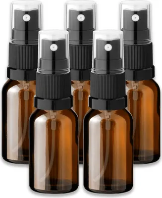 Produktbild von 5x Braune Glasflasche 15 ml mit schwarzem Zerstäuber Sprükopf leer Set
