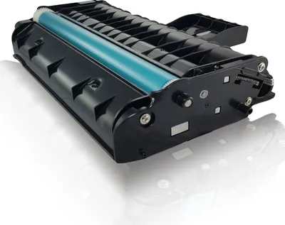 A black toner cartridge with a blue roller, shown from a side angle on a white background.