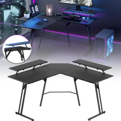A collage showing a black L-shaped gaming desk with monitor shelves, both in a staged setting with computer equipment and lighting, and a standalone view.