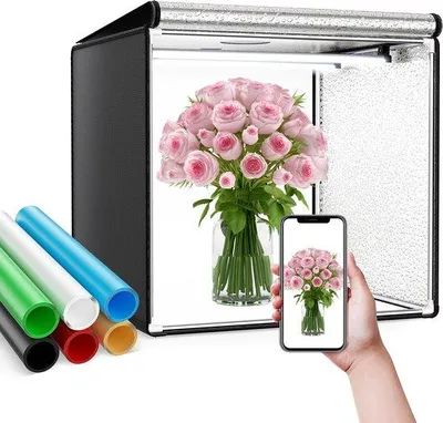 Image de Unyqoos® Boîte à lumière portable pour studio photo, 50x50x50 cm – LED dimmable (CRI95), 84 LED amovibles, 6 fonds en PVC, sac de transport