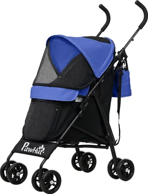 Image de Poussette pour chiens Poussette pliante pour chiens et chats jusqu'à 4 kg Poussette pour chats avec fenêtres en filet, bandoulière, sac de rangement, porte-gobelet Parapluie Poussette pour chats bleu foncé Aosom