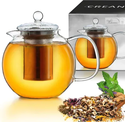 Produktbild von Creano Teekanne aus Glas 1,7l, 3-teilige Glasteekanne mit integriertem Edelstahl Sieb und Glasdeckel, ideal zur Zubereitung von losen Tees, tropffrei, All-in-one