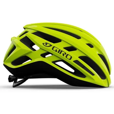 A bright yellow Giro bicycle helmet with black accents is shown from the side against a white background.