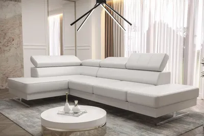 Produktbild von Ecksofa EMPORIO MINI Echtleder-Sofa mit Kopfstützen & silbernen Füßen - Weiß, Links
