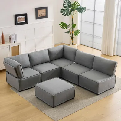 Produktbild von Modulare Sofagarnitur Ecksofa L-Form U-Form Leinenstoff hellgrau 308x152x77cm