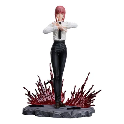 A figurine of a character from Chainsaw Man, standing on a rocky base with red, blood-like splatters.