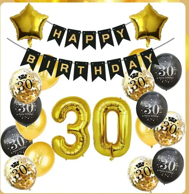 Produktbild von 30 Geburtstag Deko Set Schwarz Gold | Zahlen Girlande Luftballons Stern Ballons