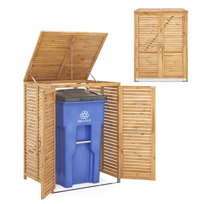 Produktbild von GOPLUS Mülltonnenbox 120L, Mülltonnenverkleidung aus Tannenholz, Aufbewahrungsbox mit Klappdeckel & Metallkette, Natur