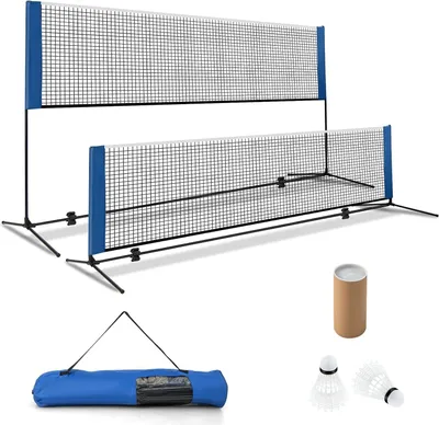 Produktbild von GOPLUS Badmintonnetz mit Stand, Tennisnetz Federballnetz 89-155cm höhenverstellbar mit Tragetasche & 2 Federbällen, tragbarer Netzständer, 310cm