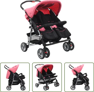 Image de The Living Store Poussette jumelle rose et noire acier