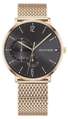 Immagine prodotto di Tommy Hilfiger, orologio multifunzione, placcato in oro rosa, cinturino e cassa in acciaio inossidabile, colore nero, modello 1791506