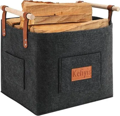 Productafbeelding van Houten mand voor haardhout met zijzakken - 42 x 32 x 40 cm - Donkergrijs