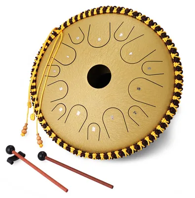Produktbild von 35,5 cm 14-Ton-Zungentrommel aus Kohlenstoffstahl mit C-Dur-Handpan-Funktion und Drumsticks.