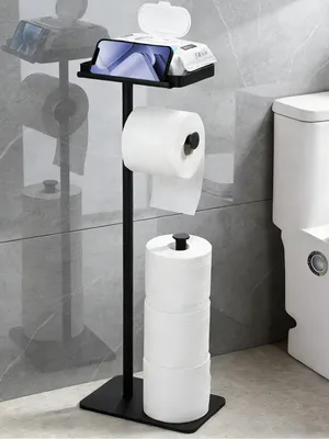 Image de Porte-papier toilette sur pied avec tablette, noir, hauteur 62 cm, modèle sur pied avec porte-rouleaux de rechange
