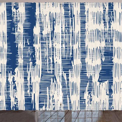 Zdjęcie produktu dla ARANDE Zasłona batikowa, abstrakcyjny wzór w paski z folklorystycznym, rustykalnym nadrukiem w stylu „efektu zabrudzenia”, 280 x 175 cm, granatowo-kremowa