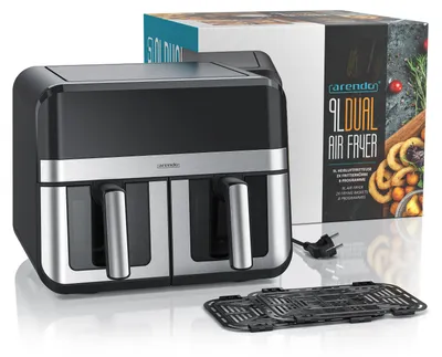 A black and silver dual-chamber air fryer is shown next to its packaging.