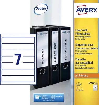 Zdjęcie produktu dla Etykiety do segregatorów Avery Border, białe, 192 x 39 mm (25 szt.), 192 x 39 mm