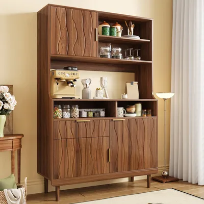 Produktbild von Flieks Küchenschränke mit Schublade, Türen, offene Regale und Massivholz Füßen, Hochschrank 100x32x170cm, Sideboard, Walnussfarbe