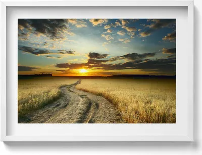 Produktbild von Feldweg und Sonnenuntergang– Wandbild mit Rahmen – Gerahmtes Bild  – Wanddekoration – 70x50 cm –  Weiß Rahmen