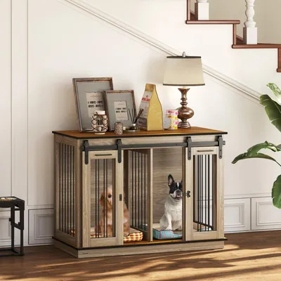 Produktbild von Hundekäfig mit Schiebetüren, Hundebox mit Trennwand, Transportbox, Eiche | 120 x 60 x 88,5 cm | MDF & Stahl | 2 Türen
