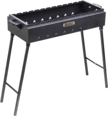 A black metal grill with foldable legs, shown against a white background.