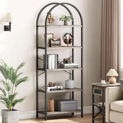 Image de Étagère bibliothèque en bois et métal, gris, 60x28x180 cm