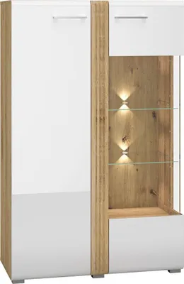 Produktbild von Wohnzimmer Vitrine Highboard Eiche Castello Nb. mit weiß Hochglanz AKRON-131 MDF Front mit edler Fräsung, B/H/T: ca. 92/143/42 cm