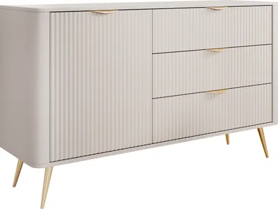 Produktbild von MIRJAN24 Sideboard Lante 1D3S, Kommode mit Drehtür und drei Schubladen, Metallfüße und Aluminiumgriffe, 139x38x82 cm (Farbe: Beige)