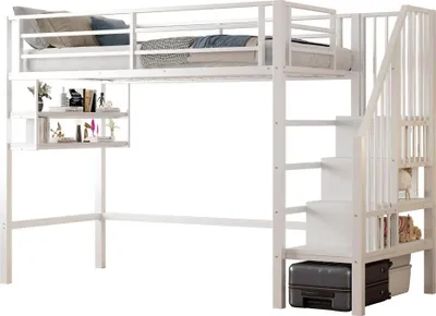 Produktbild von AIORBER Hochbett 90x200cm mit Stauraumleiter und Regalen, Freiraum unter dem Bett, Metall, ohne Matratze, Schwarz/Weiß