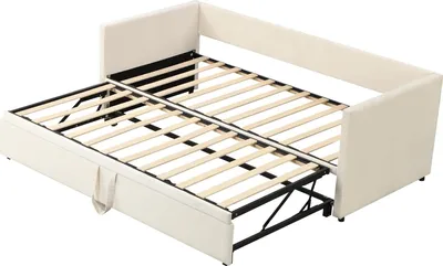 Produktbild von Fortuna Lai Tagesbett 90x200cm/180x200cm Ausziehbett, Erweiterbares Schlafsofa mit Lattenrost und Armlehnen,Samt Polsterbett Kinderbett Sofabett,Beige