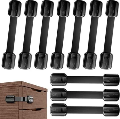 Immagine prodotto di Set di dispositivi di sicurezza per bambini per armadi e cassetti – chiusure adesive resistenti, colore nero, 10 pezzi, installazione senza foratura